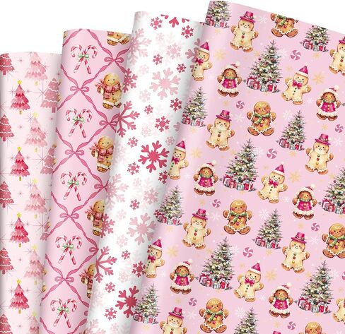 FYSUIMU Pink Christmas Wrapping Paper - Not Roll - Gingerbread Man Snowflake Xmas Tree Pink Gift Wrap Paper 19.7 x 27.6 Inch Folded Flat for Winter Holiday Party DIY Crafts, 8 Sheets in Saudi Arabia
