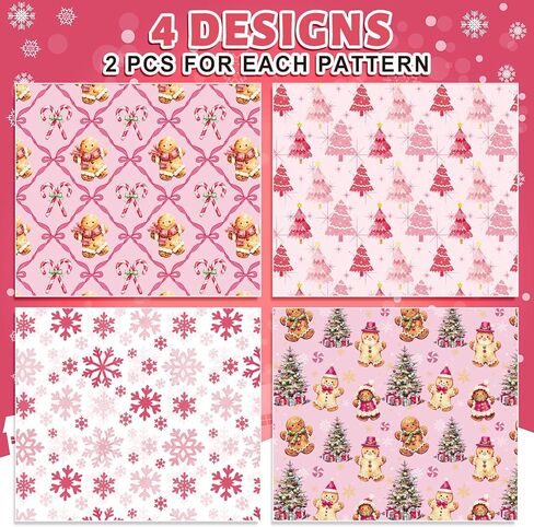 FYSUIMU Pink Christmas Wrapping Paper - Not Roll - Gingerbread Man Snowflake Xmas Tree Pink Gift Wrap Paper 19.7 x 27.6 Inch Folded Flat for Winter Holiday Party DIY Crafts, 8 Sheets in Saudi Arabia