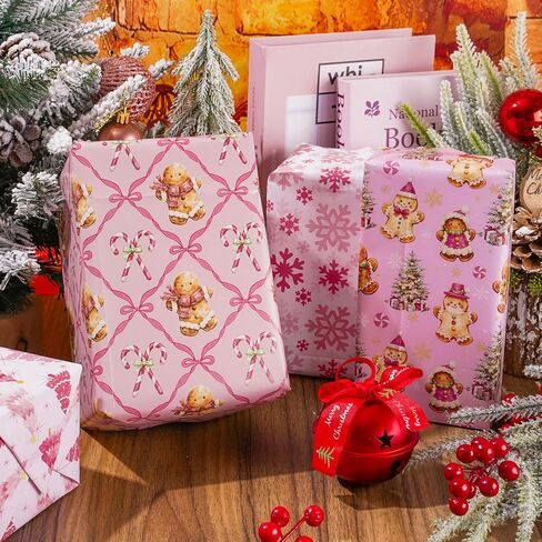 FYSUIMU Pink Christmas Wrapping Paper - Not Roll - Gingerbread Man Snowflake Xmas Tree Pink Gift Wrap Paper 19.7 x 27.6 Inch Folded Flat for Winter Holiday Party DIY Crafts, 8 Sheets in Saudi Arabia