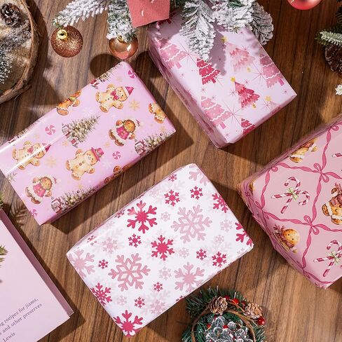 FYSUIMU Pink Christmas Wrapping Paper - Not Roll - Gingerbread Man Snowflake Xmas Tree Pink Gift Wrap Paper 19.7 x 27.6 Inch Folded Flat for Winter Holiday Party DIY Crafts, 8 Sheets in Saudi Arabia
