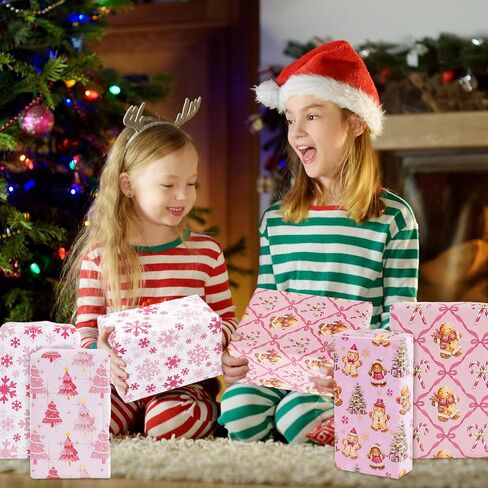 FYSUIMU Pink Christmas Wrapping Paper - Not Roll - Gingerbread Man Snowflake Xmas Tree Pink Gift Wrap Paper 19.7 x 27.6 Inch Folded Flat for Winter Holiday Party DIY Crafts, 8 Sheets in Saudi Arabia