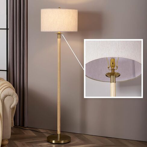 Floor Lamp, Modern Lamps with Dimmer Switch and Bulb, Mid Century Lamp with Linen Shade, Great Living Room Décor, Tall Lamp, Standing Lamp for Bedroom and Office, Natural Wood Finish in Saudi Arabia