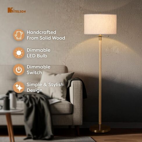 Floor Lamp, Modern Lamps with Dimmer Switch and Bulb, Mid Century Lamp with Linen Shade, Great Living Room Décor, Tall Lamp, Standing Lamp for Bedroom and Office, Natural Wood Finish in Saudi Arabia