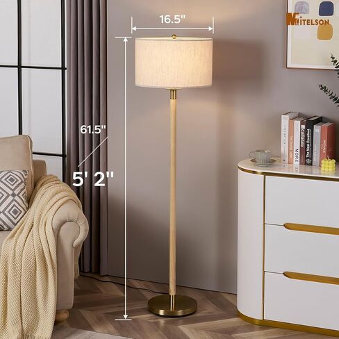 Floor Lamp, Modern Lamps with Dimmer Switch and Bulb, Mid Century Lamp with Linen Shade, Great Living Room Décor, Tall Lamp, Standing Lamp for Bedroom and Office, Natural Wood Finish in Saudi Arabia