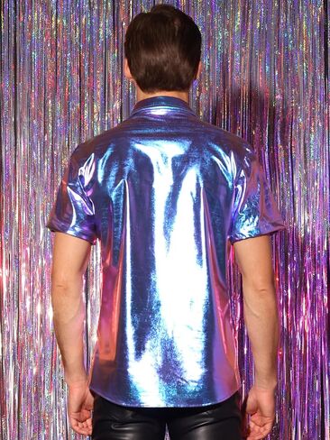 قميص Lars Amadeus Disco Metallic للرجال بأكمام قصيرة وأزرار سفلية وقمصان لامعة للحفلات الليلية in Kuwait