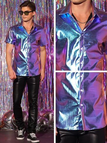 قميص Lars Amadeus Disco Metallic للرجال بأكمام قصيرة وأزرار سفلية وقمصان لامعة للحفلات الليلية in Kuwait