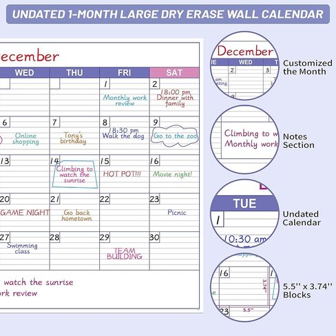 Large Dry Erase Calendar for Wall - Undated 1 Month Wall Calendar, 40" x 30", Erasable & Reusable Laminated Calendar with 8 Round Stickers, Great Layout Wall Calendar Dry Erase for Home, Office and School in Saudi Arabia
