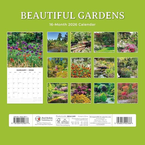 Red Robin 2026 Beautiful Gardens Monthly Wall Calendar | 12" x 24" Open | Premium Thick & Sturdy Paper | Hangable 12 Month Calendar | Lined Notes & To Do Area | Vivid Images | Plastic Free in Saudi Arabia