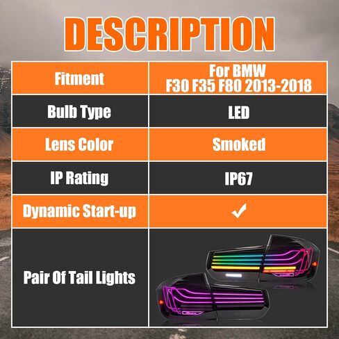 مصابيح خلفية LED لـ 2013-2018 BMW F30 F35 F80 M3 3-Series 320i 328i 330i 335i مجموعة المصابيح الخلفية مع عدسة مدخنة/مصباح خلفي جانب السائق والراكب (التحكم في اللون) in Kuwait
