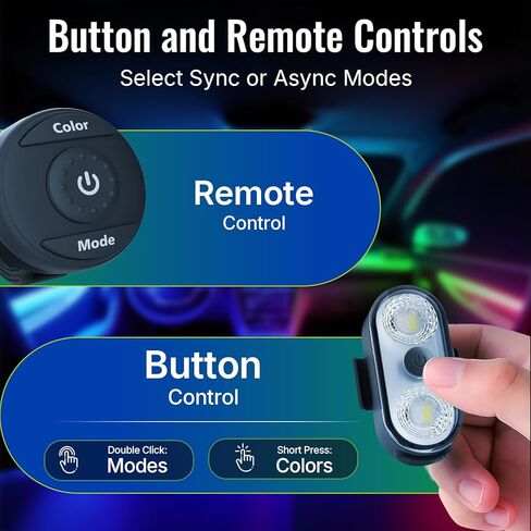 أضواء LED لاسلكية للسيارة قطعتين - زر وجهاز تحكم عن بعد ضوء ستروب داخلي، USB-C 120H 8 ألوان IP65 مقاوم للماء وقابل لإعادة الشحن للسيارات والشاحنات والدراجات الإلكترونية والدراجات النارية in Kuwait