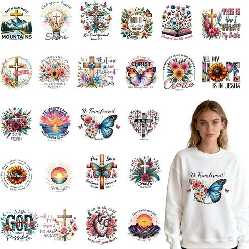 Dtf Transfers Ready to Press - 22 Pcs Christian Bible Verse Iron on Patches for T-Shirts, Cross Jesus Religious Iron on Stickers Heat Transfer Vinyl Decals for DIY Fabric Clothes Decor in Saudi Arabia