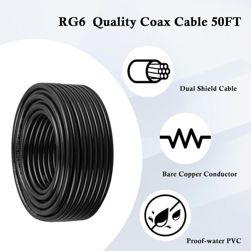 XRDS -RF RG6 Dual Shield Cable 200FT, 18 AWG 75 Ohm Bare Copper Conductor RG6 Coaxial Cable (200feet, Black) in Saudi Arabia