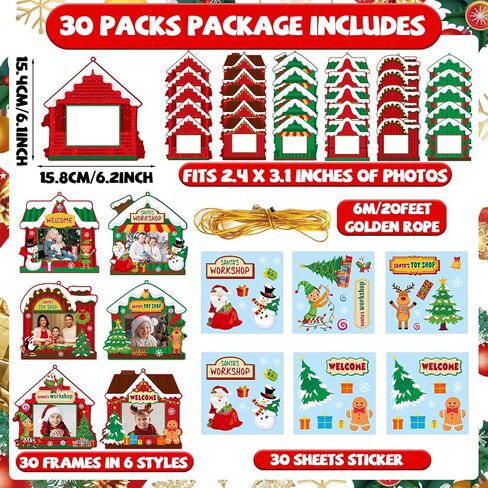 Lonfliness 30 Pack Christmas DIY Picture Frame Craft Kits Santa's Workshop Hanging Frame Ornaments Xmas Photo Frames with Brackets for Christmas Tree Decor Holiday Party Class Game Activities in Saudi Arabia