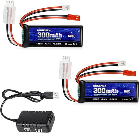 بطارية URGENEX SCX24 7.4 فولت Lipos 2S 60C(Burst 120C) بطارية ليثيوم صغيرة قابلة لإعادة الشحن بقدرة 300 مللي أمبير في الساعة مع قابس تفريغ مزدوج JST&PH2.0 مناسب لشاحنة RC SCX24 RC Car WLtoys RC ومعظم شاحن الطائرات 1TO2 in Saudi Arabia