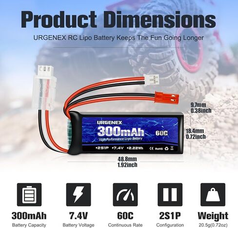بطارية URGENEX SCX24 7.4 فولت Lipos 2S 60C(Burst 120C) بطارية ليثيوم صغيرة قابلة لإعادة الشحن بقدرة 300 مللي أمبير في الساعة مع قابس تفريغ مزدوج JST&PH2.0 مناسب لشاحنة RC SCX24 RC Car WLtoys RC ومعظم شاحن الطائرات 1TO2 in Saudi Arabia