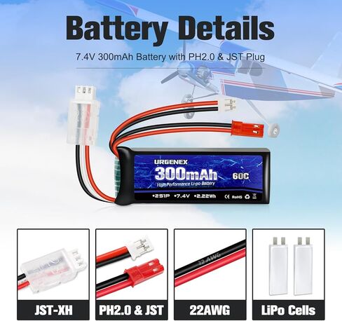 بطارية URGENEX SCX24 7.4 فولت Lipos 2S 60C(Burst 120C) بطارية ليثيوم صغيرة قابلة لإعادة الشحن بقدرة 300 مللي أمبير في الساعة مع قابس تفريغ مزدوج JST&PH2.0 مناسب لشاحنة RC SCX24 RC Car WLtoys RC ومعظم شاحن الطائرات 1TO2 in Saudi Arabia