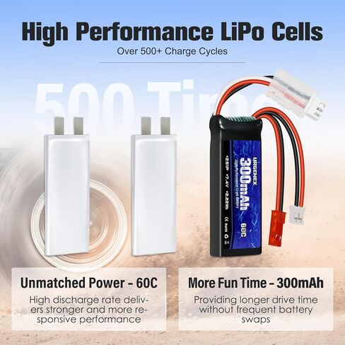 بطارية URGENEX SCX24 7.4 فولت Lipos 2S 60C(Burst 120C) بطارية ليثيوم صغيرة قابلة لإعادة الشحن بقدرة 300 مللي أمبير في الساعة مع قابس تفريغ مزدوج JST&PH2.0 مناسب لشاحنة RC SCX24 RC Car WLtoys RC ومعظم شاحن الطائرات 1TO2 in Saudi Arabia
