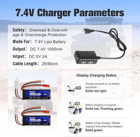 بطارية URGENEX SCX24 7.4 فولت Lipos 2S 60C(Burst 120C) بطارية ليثيوم صغيرة قابلة لإعادة الشحن بقدرة 300 مللي أمبير في الساعة مع قابس تفريغ مزدوج JST&PH2.0 مناسب لشاحنة RC SCX24 RC Car WLtoys RC ومعظم شاحن الطائرات 1TO2 in Saudi Arabia