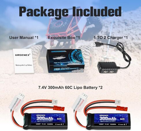 بطارية URGENEX SCX24 7.4 فولت Lipos 2S 60C(Burst 120C) بطارية ليثيوم صغيرة قابلة لإعادة الشحن بقدرة 300 مللي أمبير في الساعة مع قابس تفريغ مزدوج JST&PH2.0 مناسب لشاحنة RC SCX24 RC Car WLtoys RC ومعظم شاحن الطائرات 1TO2 in Saudi Arabia