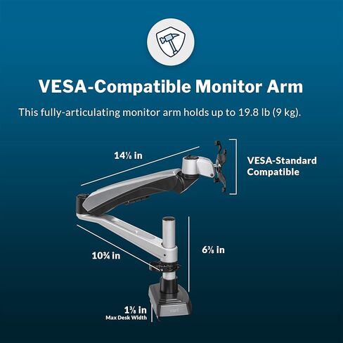 Vari Monitor Arm and Laptop Stand - VESA Monitor Mount with 360 Degree Rotation & 15" Laptop Stand with Adjustable Height, Monitors up to 27 inches, 19.8 lbs Capacity - Single Monitor & Laptop Holder in Saudi Arabia