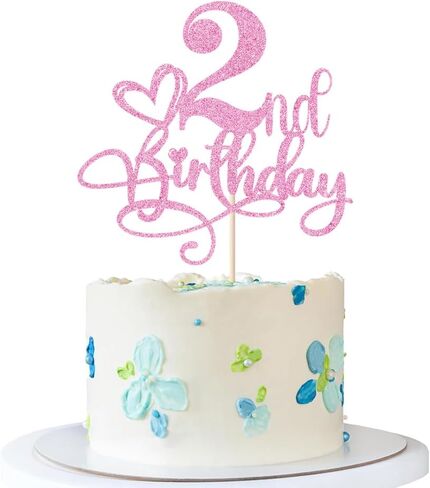 Happy 2nd Birthday Cake Topper，Anniversary Party/Boy or Girl Two Year Old Birthday Party Supplies Pink Glitter in Saudi Arabia