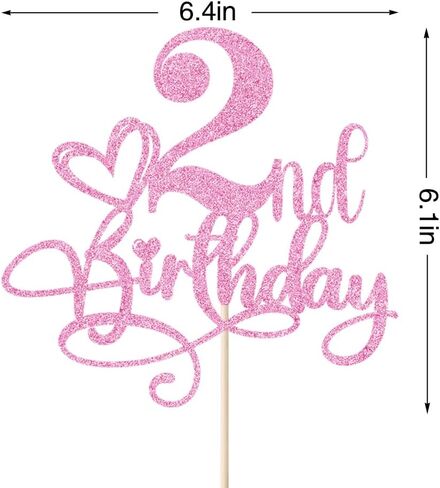 Happy 2nd Birthday Cake Topper，Anniversary Party/Boy or Girl Two Year Old Birthday Party Supplies Pink Glitter in Saudi Arabia