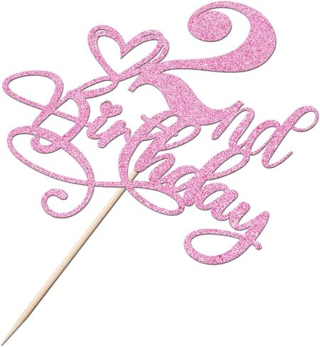 Happy 2nd Birthday Cake Topper，Anniversary Party/Boy or Girl Two Year Old Birthday Party Supplies Pink Glitter in Saudi Arabia