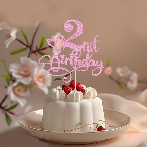 Happy 2nd Birthday Cake Topper，Anniversary Party/Boy or Girl Two Year Old Birthday Party Supplies Pink Glitter in Saudi Arabia