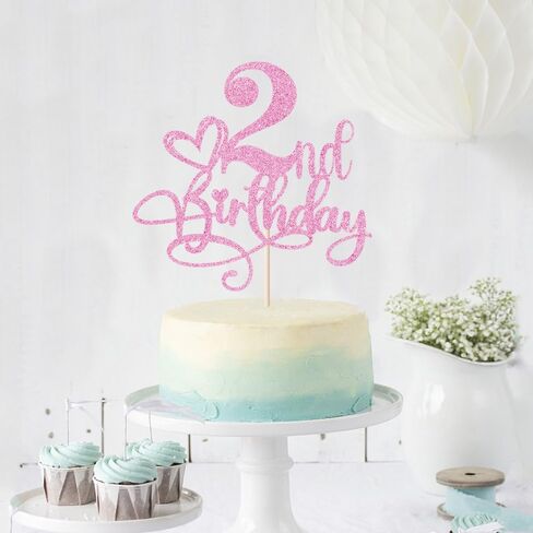 Happy 2nd Birthday Cake Topper，Anniversary Party/Boy or Girl Two Year Old Birthday Party Supplies Pink Glitter in Saudi Arabia