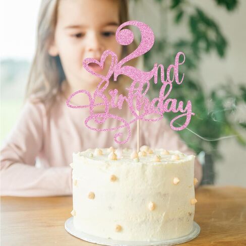 Happy 2nd Birthday Cake Topper，Anniversary Party/Boy or Girl Two Year Old Birthday Party Supplies Pink Glitter in Saudi Arabia