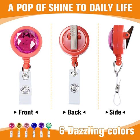 6Pcs Colorful Rhinestone Badge Reel, Decorative Work Badge Holder with Retractable Clip, Sparkly Nurse Accessories Name Tag ID Clip Holder for Work Badge, Teacher, Student & Office in Saudi Arabia