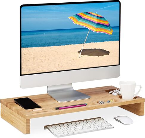Relaxdays Bamboo Monitor Stand, 7 Compartments, Screen Riser Desk, Monitor Base, HBT: 8.5 x 60 x 30 cm, Natural in Saudi Arabia