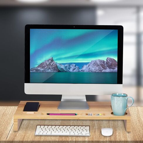 Relaxdays Bamboo Monitor Stand, 7 Compartments, Screen Riser Desk, Monitor Base, HBT: 8.5 x 60 x 30 cm, Natural in Saudi Arabia