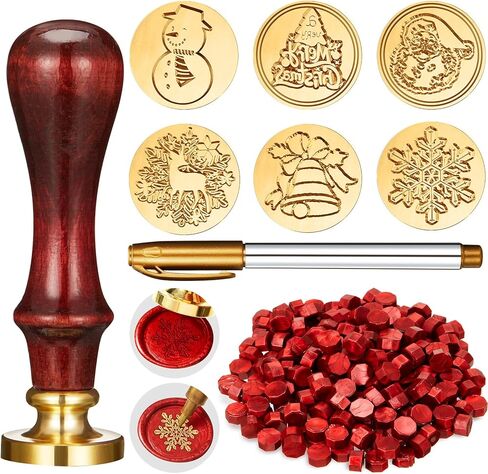208 Pieces Christmas Wax Seal Stamp Kit, Include 6 Pieces Wax Stamp Brass Heads with Wooden Hilt, 200 Pieces Sealing Wax Beads and Gold Marker Pen for Holiday Invitations Decorations (Santa Patterns) in Saudi Arabia