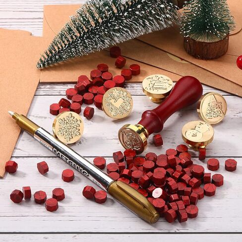 208 Pieces Christmas Wax Seal Stamp Kit, Include 6 Pieces Wax Stamp Brass Heads with Wooden Hilt, 200 Pieces Sealing Wax Beads and Gold Marker Pen for Holiday Invitations Decorations (Santa Patterns) in Saudi Arabia