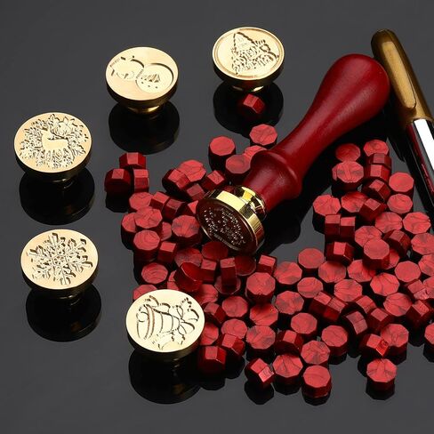 208 Pieces Christmas Wax Seal Stamp Kit, Include 6 Pieces Wax Stamp Brass Heads with Wooden Hilt, 200 Pieces Sealing Wax Beads and Gold Marker Pen for Holiday Invitations Decorations (Santa Patterns) in Saudi Arabia