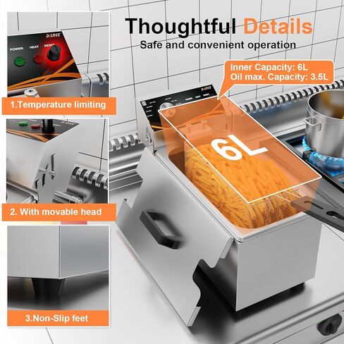 مقلاة كهربائية عميقة (1500 واط، 8 لتر) - سطح من الفولاذ المقاوم للصدأ مع سلة وغطاء وزر إعادة الضبط، يمكن التحكم في درجة الحرارة للمطبخ المنزلي in Kuwait