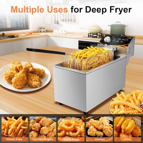 مقلاة كهربائية عميقة (1500 واط، 8 لتر) - سطح من الفولاذ المقاوم للصدأ مع سلة وغطاء وزر إعادة الضبط، يمكن التحكم في درجة الحرارة للمطبخ المنزلي in Kuwait