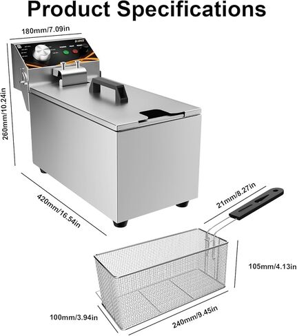 مقلاة كهربائية عميقة (1500 واط، 8 لتر) - سطح من الفولاذ المقاوم للصدأ مع سلة وغطاء وزر إعادة الضبط، يمكن التحكم في درجة الحرارة للمطبخ المنزلي in Kuwait