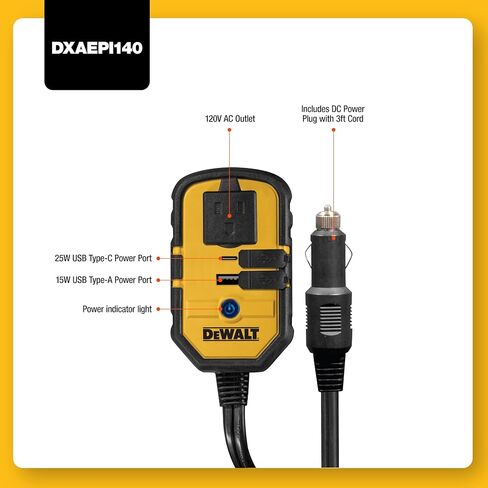 DEWALT DXAEPIP3W 20V, 3-Way Powered (Clamps, Battery, DC Plug) 1000 Watt Power Inverter; Dual AC Outlets, 1 USB-A Port, & 1 USB-C 30W Port in Saudi Arabia