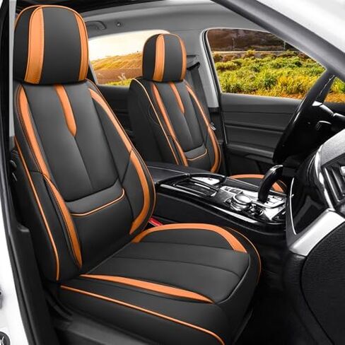 مناسب لأغطية مقاعد Hyundai Santa Cruz 2022-2025، تغطية كاملة مخصصة، جلد فاخر مقاوم للماء ومقاوم للبقع وسهل التركيب (برتقالي وأسود/مقعدان قياسيان) in Kuwait