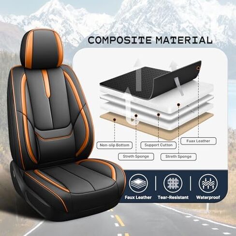 مناسب لأغطية مقاعد Hyundai Santa Cruz 2022-2025، تغطية كاملة مخصصة، جلد فاخر مقاوم للماء ومقاوم للبقع وسهل التركيب (برتقالي وأسود/مقعدان قياسيان) in Kuwait
