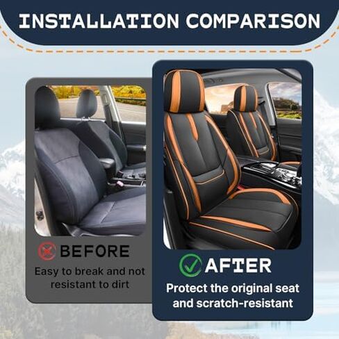 مناسب لأغطية مقاعد Hyundai Santa Cruz 2022-2025، تغطية كاملة مخصصة، جلد فاخر مقاوم للماء ومقاوم للبقع وسهل التركيب (برتقالي وأسود/مقعدان قياسيان) in Kuwait