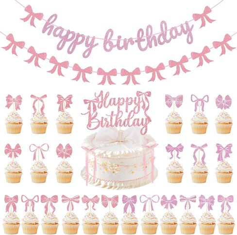 Pink Bow Birthday Decorations Coquette Party Decorations with Happy Birthday Banner, Cake Topper, Bow Cake Decoration, 24Pcs Bowknot Cupcake Topper for Bday Bridal Shower Bachelorette Valentine's Day in Saudi Arabia