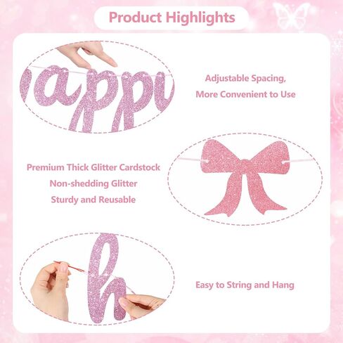 Pink Bow Birthday Decorations Coquette Party Decorations with Happy Birthday Banner, Cake Topper, Bow Cake Decoration, 24Pcs Bowknot Cupcake Topper for Bday Bridal Shower Bachelorette Valentine's Day in Saudi Arabia
