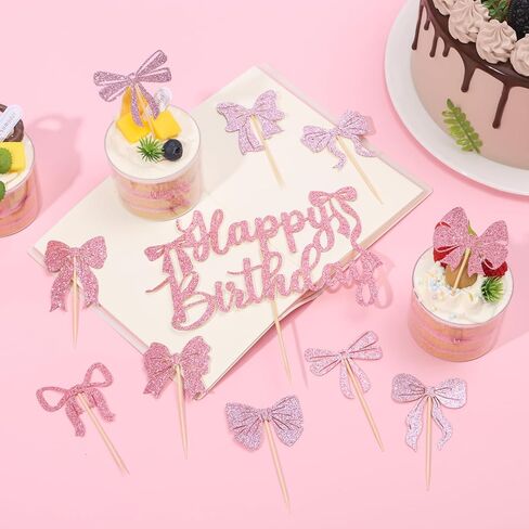 Pink Bow Birthday Decorations Coquette Party Decorations with Happy Birthday Banner, Cake Topper, Bow Cake Decoration, 24Pcs Bowknot Cupcake Topper for Bday Bridal Shower Bachelorette Valentine's Day in Saudi Arabia