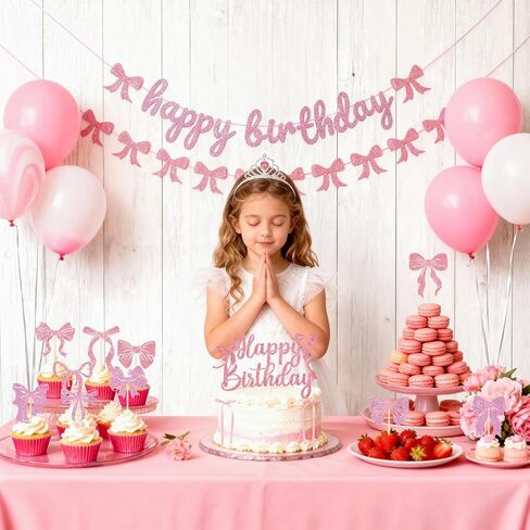 Pink Bow Birthday Decorations Coquette Party Decorations with Happy Birthday Banner, Cake Topper, Bow Cake Decoration, 24Pcs Bowknot Cupcake Topper for Bday Bridal Shower Bachelorette Valentine's Day in Saudi Arabia