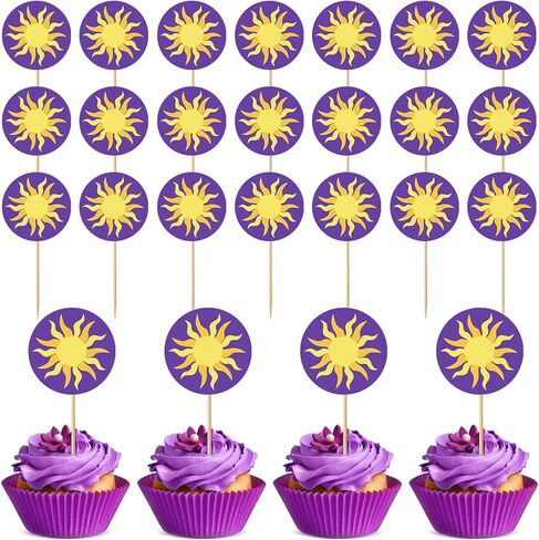 24 Pcs Princess Party Decorations Purple Sun Cupcake Toppers Cake Picks for Princess Purple Cake Decoration Theme Birthday Party Supplies Wedding Baby Shower Decor(Round Sun) in Saudi Arabia