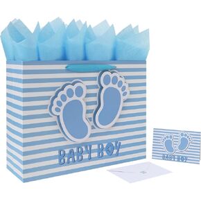 16.5'' Extra Large Baby Boy Gift Bag Set with Handles, Greeting Card, Blue Tissue Papers and Stickers for Boys Kids for Baby Shower, Boys' Birthday Party, Newborn, New Moms, Little One, 1st Baby, 3D Footprints Design, 1 Pcs in Saudi Arabia