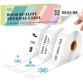 شريط ملصقات D30، [220 ملصق/لفة × 3] شريط ملصقات حراري 12 مم × 40 مم، إعادة تعبئة شريط صانع الملصقات 0.47 بوصة × 1.57 بوصة، ملصقات حرارية مقاومة للطقس ومقاومة للتمزق متوافقة مع Phomemo D30/A30، Nelko P21 in Kuwait